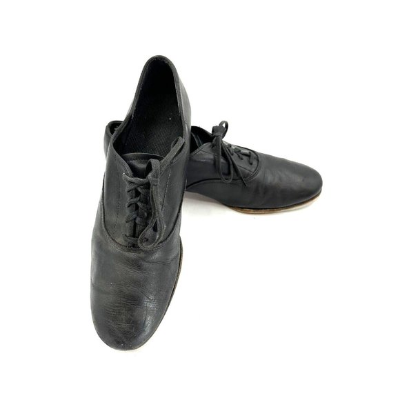 Vintage Black Leather Lace Up Tap Dance Shoe for Women 9.5 and Men 8.5 USA Made - Picture 1 of 14